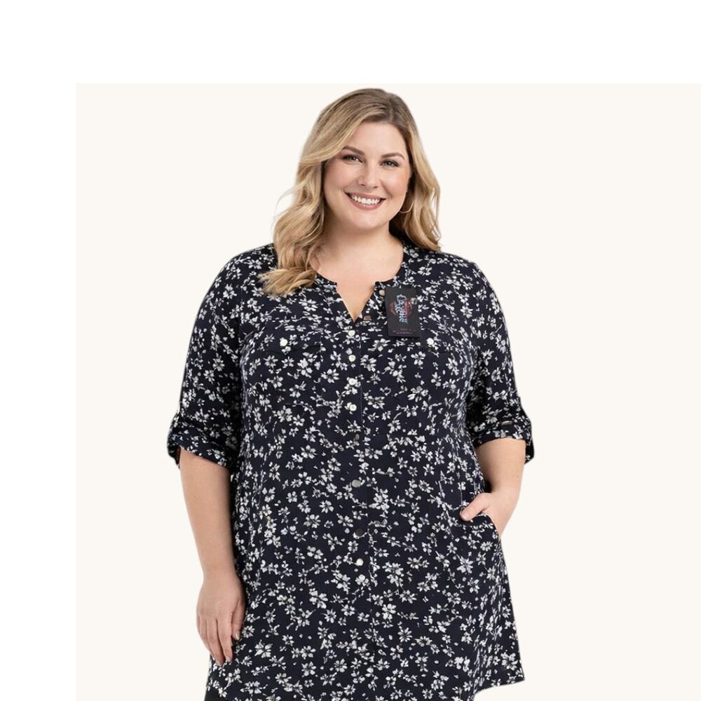 Cocomo Woman Black & White Floral Roll-Tab Sleeve Top Size 2X NWT